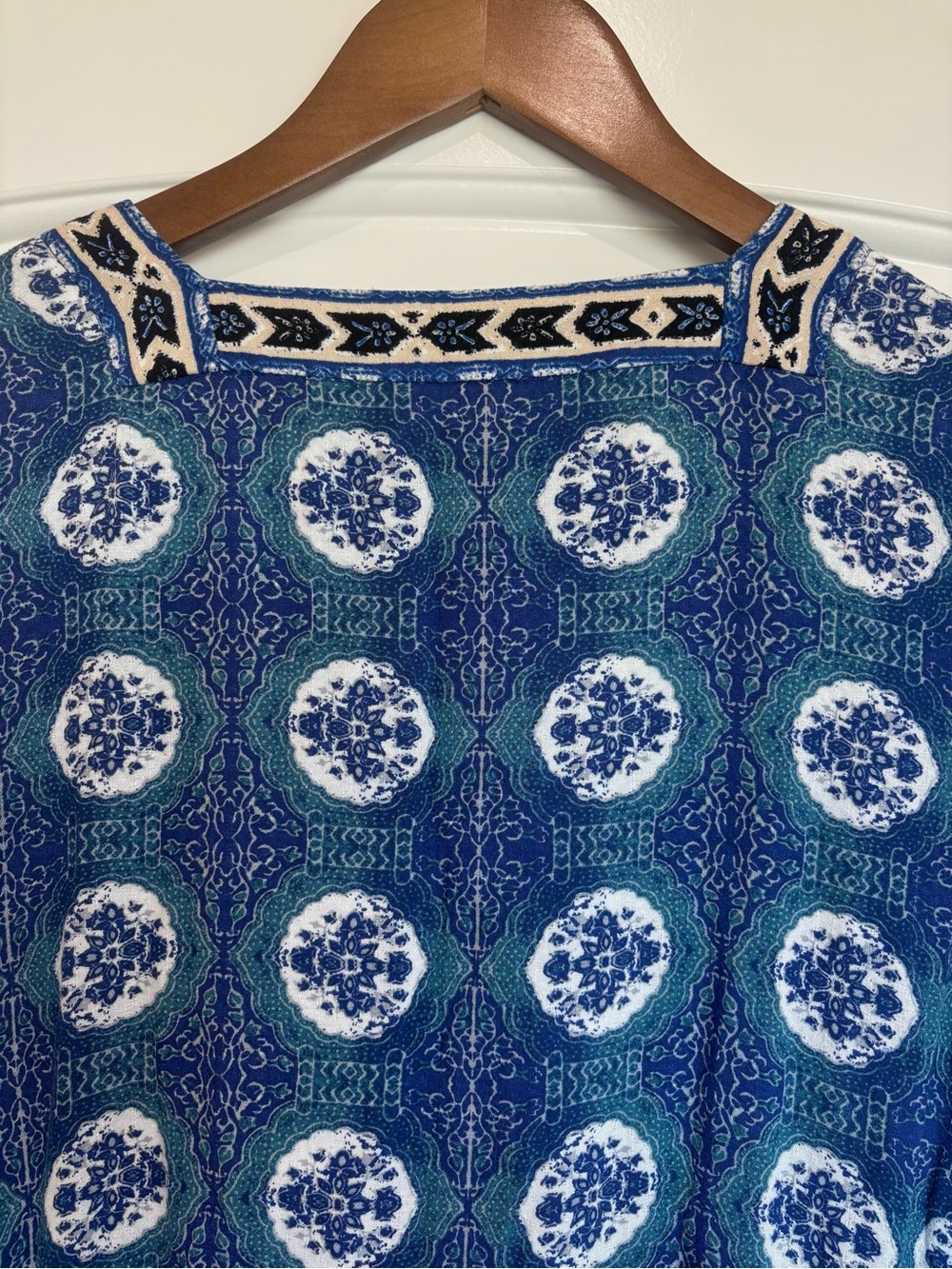 Free People Blue Teal Boho Tie Front Bell Sleeve Top Large - Picture 6 of 9